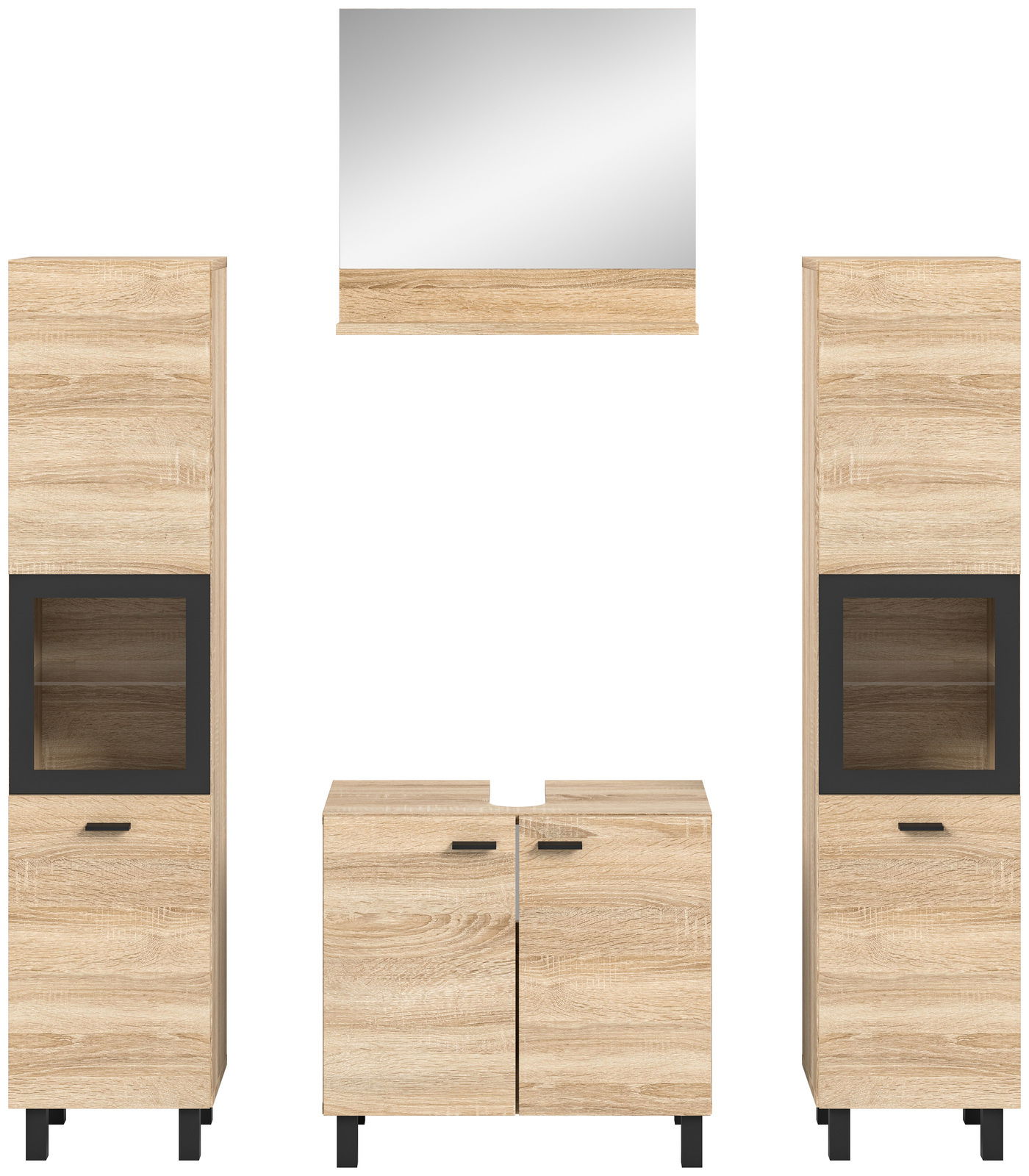 Frontale Ansicht einer Badkombination aus Holzoptik mit zwei hohen Schränken, einem Waschbeckenunterschrank und einem Spiegel.