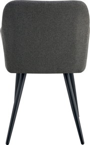 Rückansicht eines gepolsterten Stuhls mit dunkelgrauem Stoffbezug und schwarzen, schräg stehenden Metallbeinen