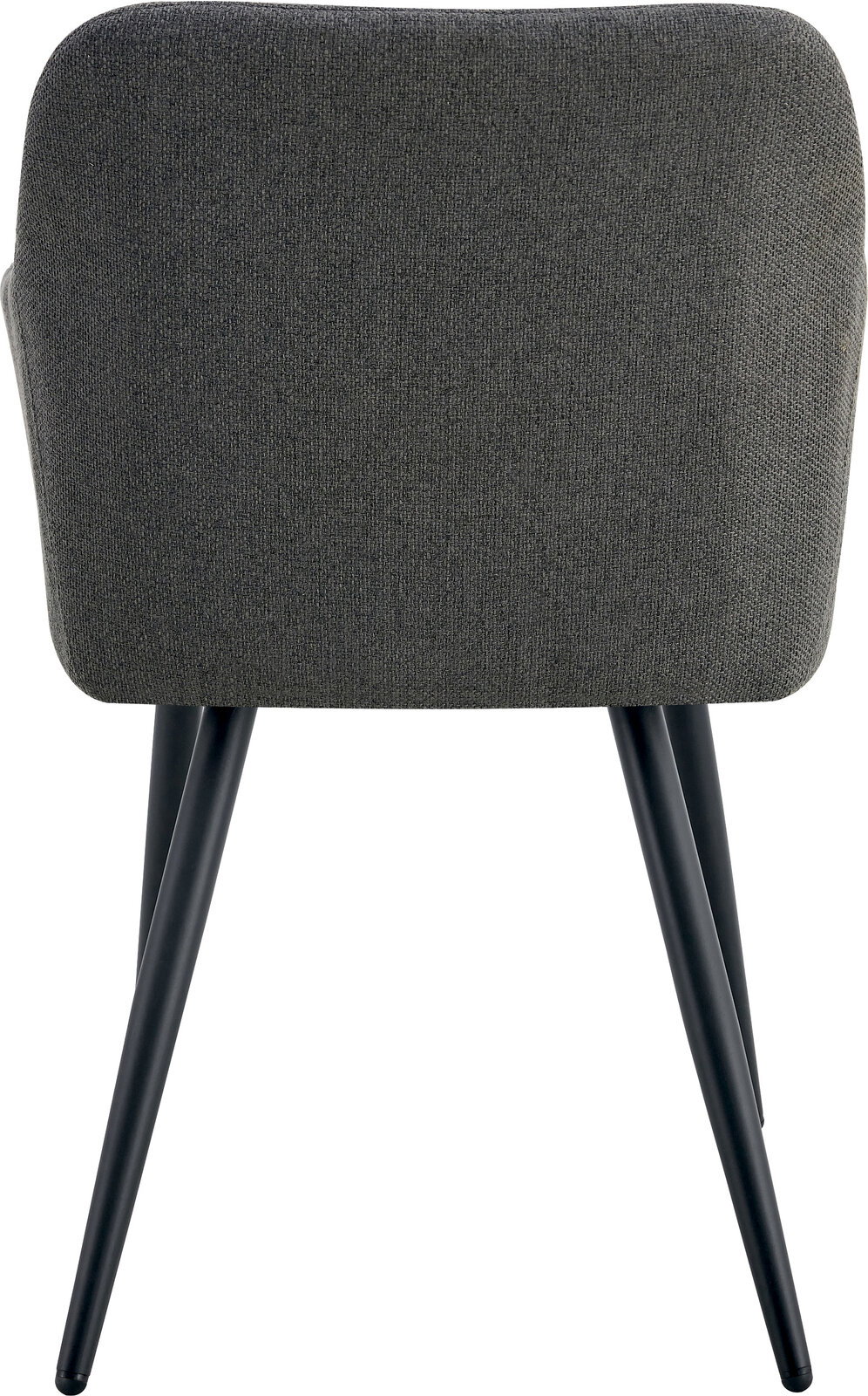 Rückansicht eines gepolsterten Stuhls mit dunkelgrauem Stoffbezug und schwarzen, schräg stehenden Metallbeinen