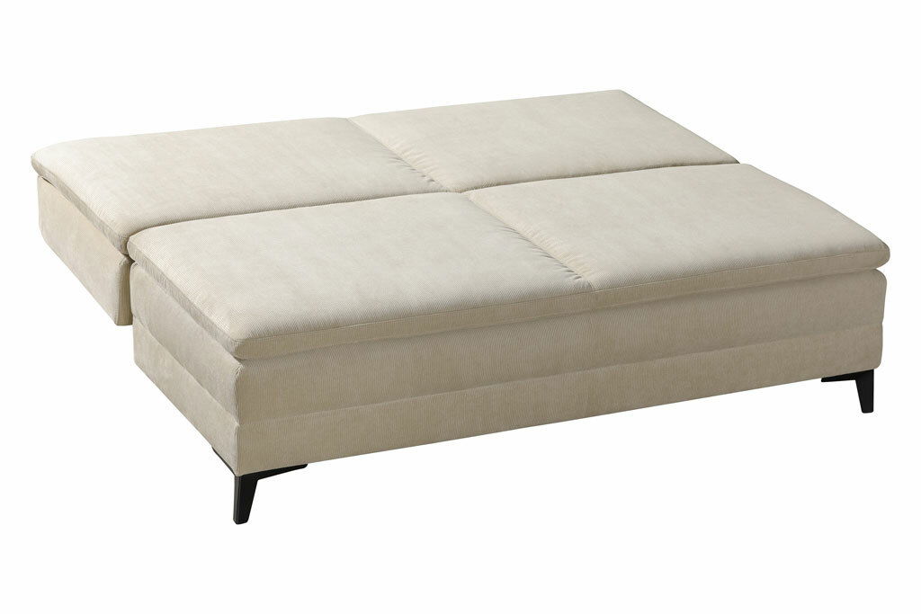 Beige Querschläfer-Sofa in ausgeklappter Position, seitliche Perspektive