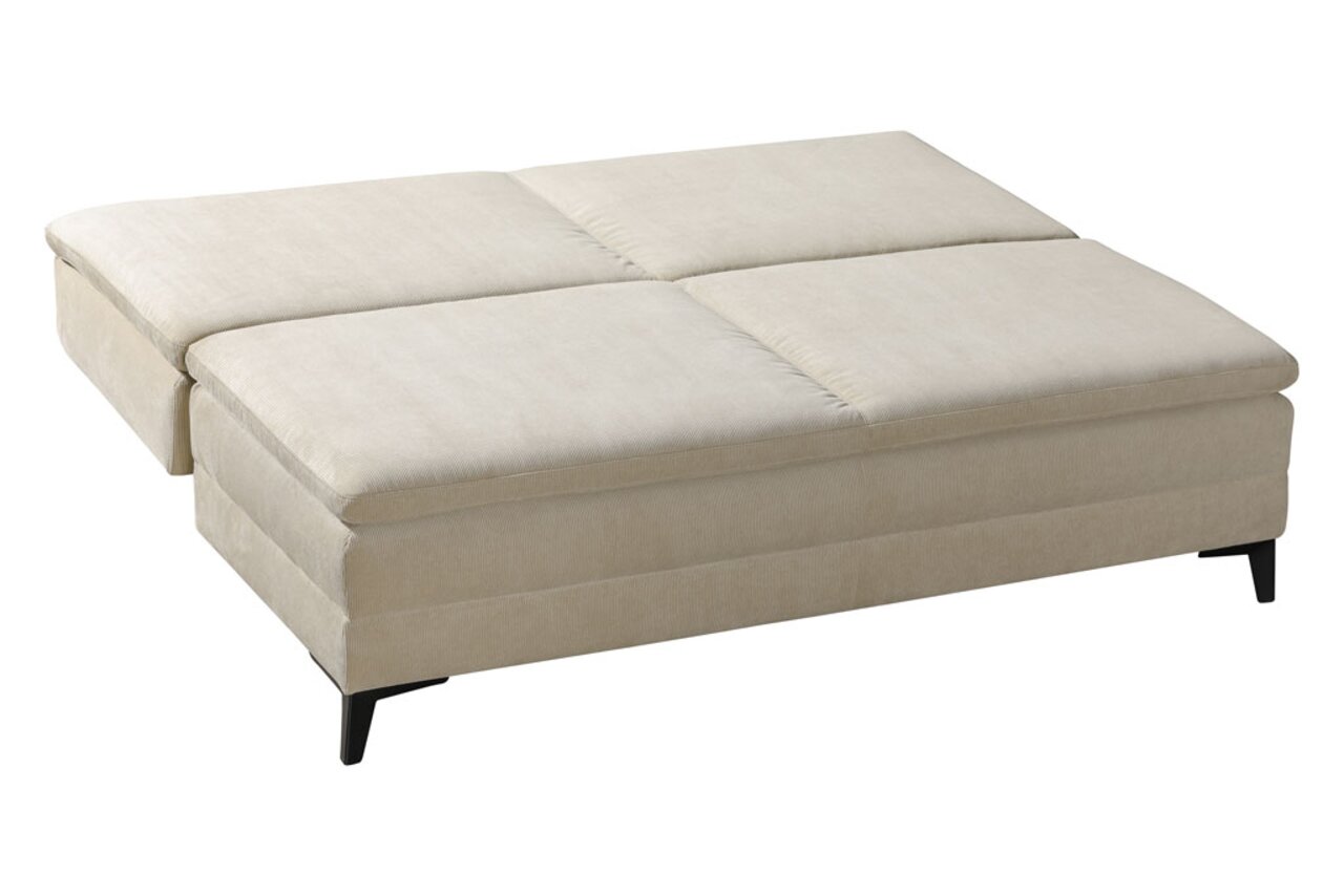 Beige Querschläfer-Sofa in ausgeklappter Position, seitliche Perspektive