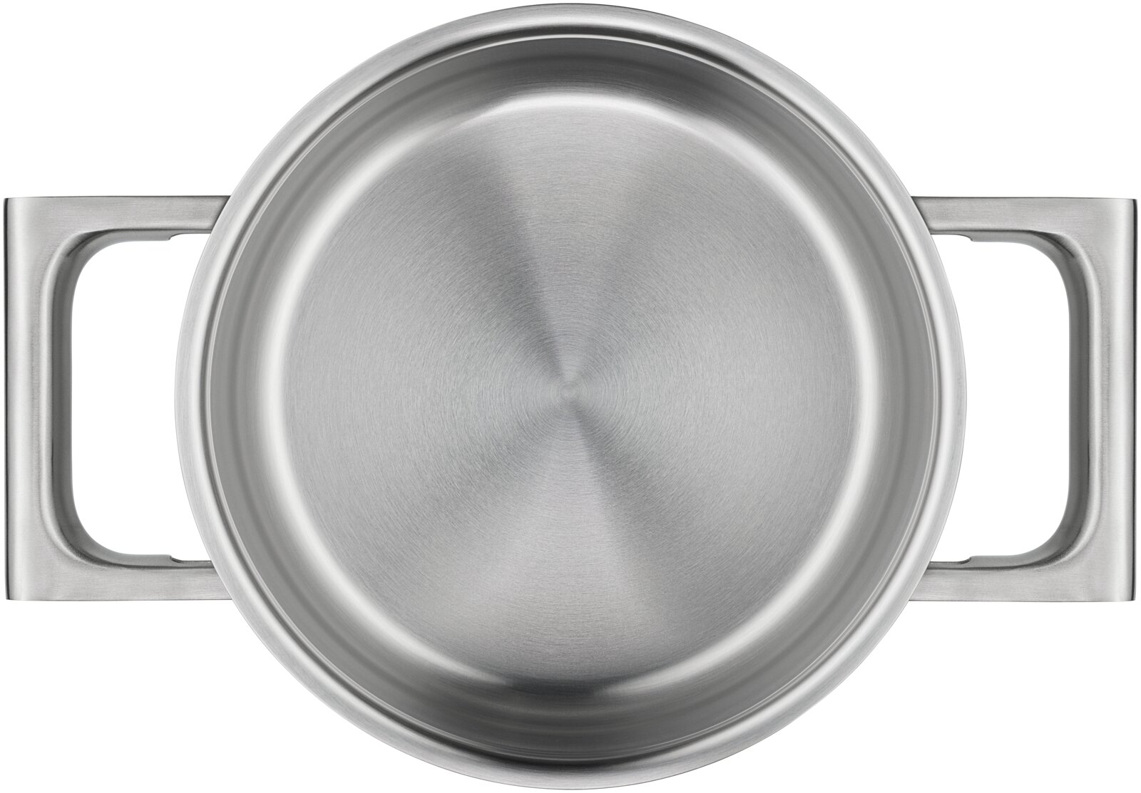 Edelstahl-Kochtopf mit zwei seitlichen Griffen, Draufsicht von oben auf den Topfboden