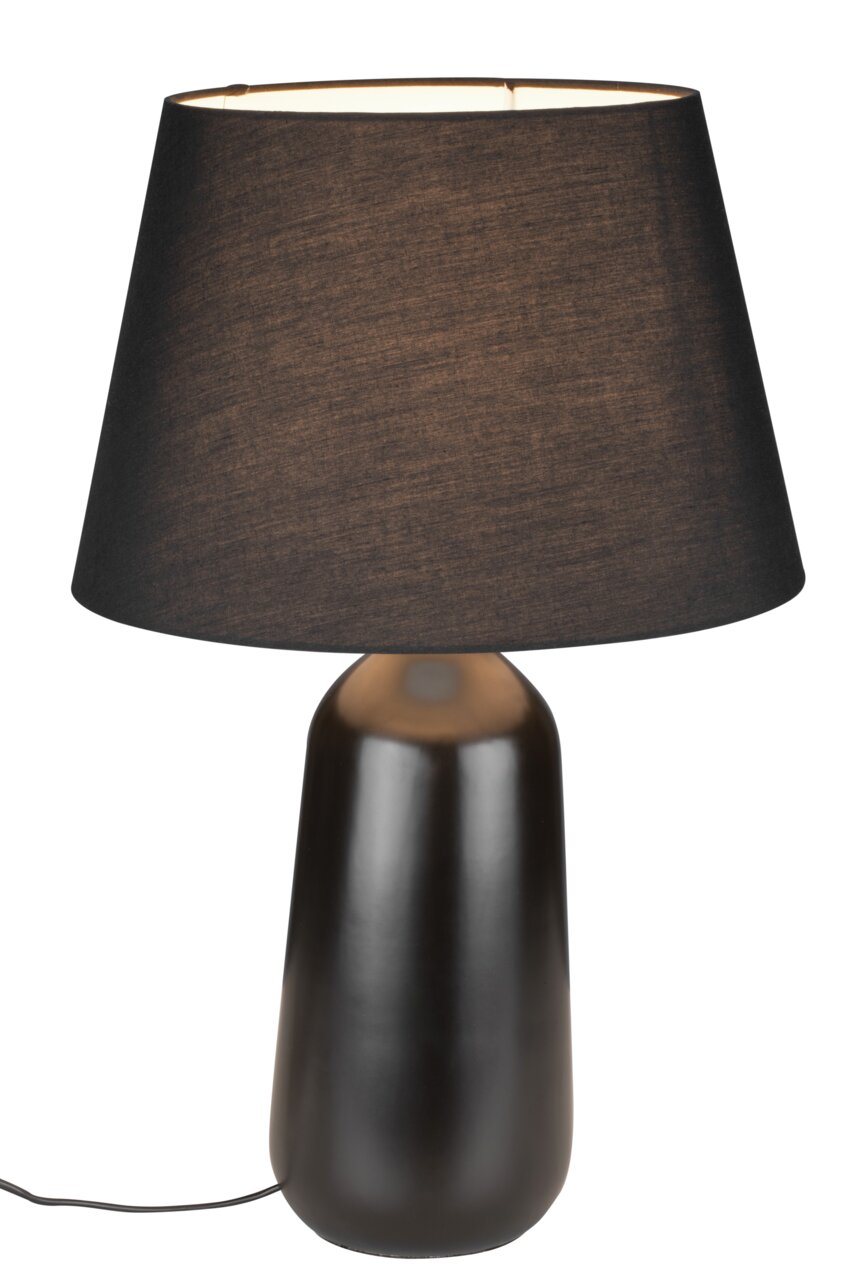 Marama TISCHLEUCHTE Schwarze Tischleuchte mit konischem Lampenschirm und glattem, abgerundetem Sockel, seitliche Perspektive