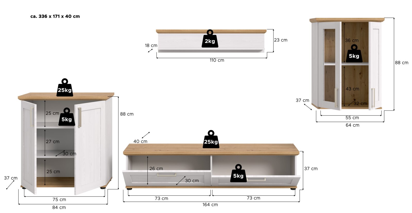 Wohnkombination in Weiß mit Holzoberfläche, bestehend aus einem Hängeschrank, einem Eckschrank und einem TV-Schrank, mit Frontansicht.