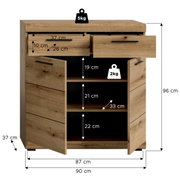 Kommode aus Holz mit zwei Schubladen und zwei Türen, geöffnet, mit sichtbaren Regalböden. Frontale Perspektive.