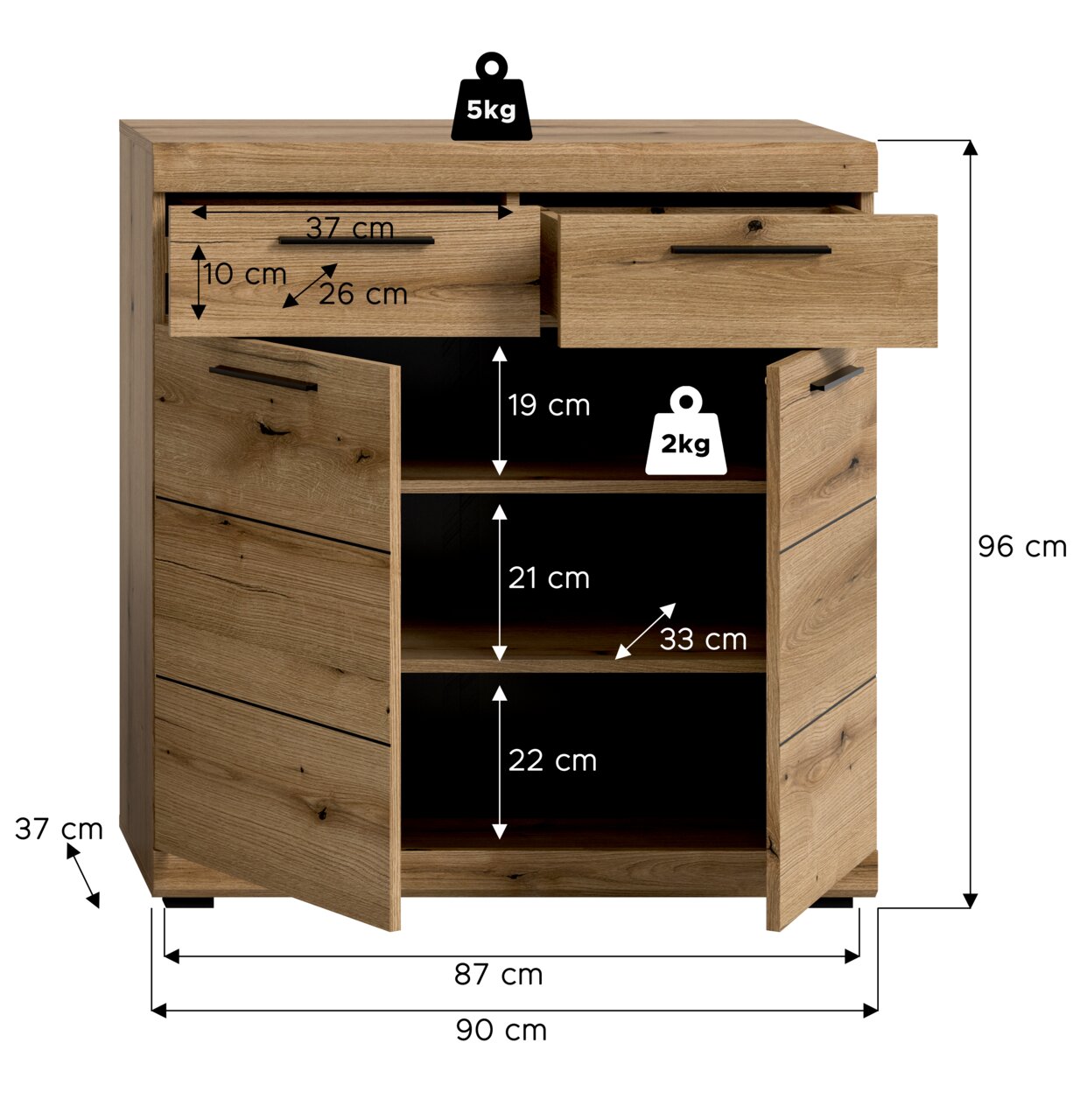 Kommode aus Holz mit zwei Schubladen und zwei Türen, geöffnet, mit sichtbaren Regalböden. Frontale Perspektive.