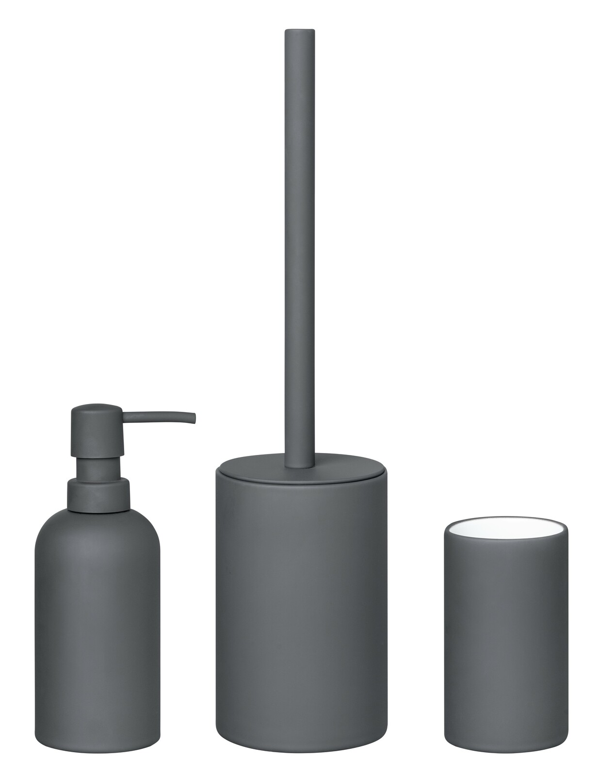 Dreiteiliges Badset BANJA in mattem Dunkelgrau, bestehend aus Seifenspender, Toilettenbürstenhalter und Zahnputzbecher, frontal abgebildet.