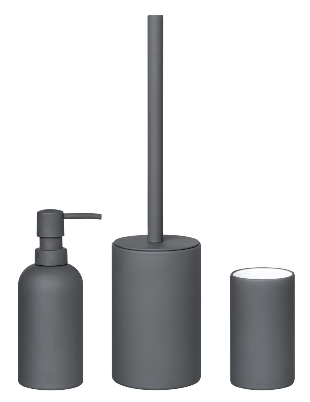Dreiteiliges Badset BANJA in mattem Dunkelgrau, bestehend aus Seifenspender, Toilettenbürstenhalter und Zahnputzbecher, frontal abgebildet.