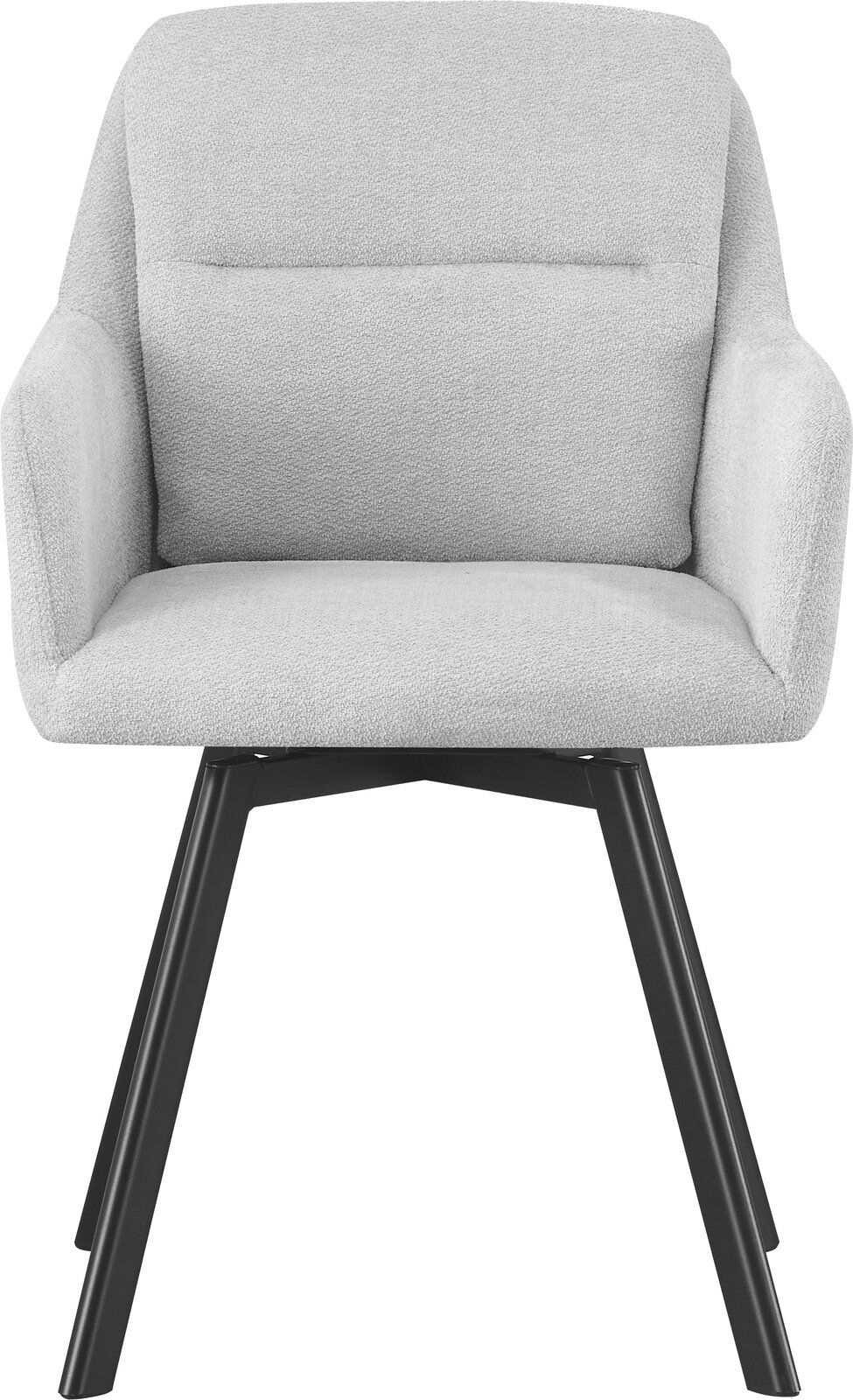 Beiger, gepolsterter Polsterstuhl mit Armlehnen und schwarzem Metallgestell, frontal von vorne fotografiert.