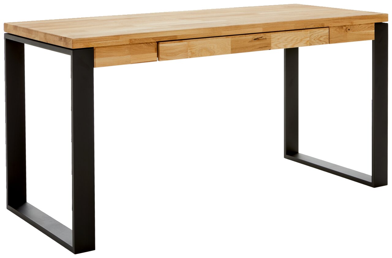 Moderner Schreibtisch aus Holz mit Metallbeinen, seitliche Perspektive