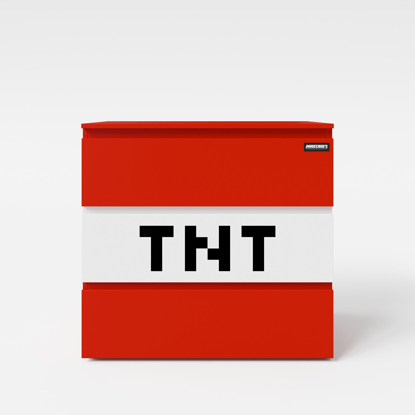 Rote und weiße Aufbewahrungsbox im Minecraft-TNT-Design mit großem „TNT“-Schriftzug, frontale Ansicht vor hellem Hintergrund