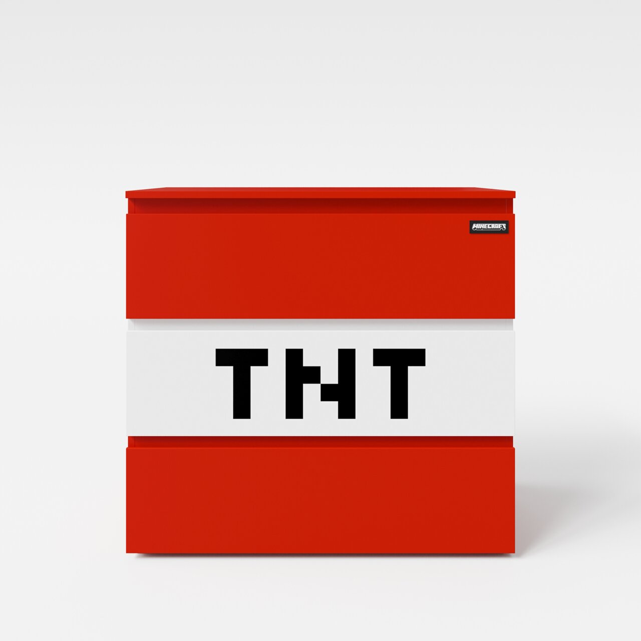 Rode en witte opbergdoos in Minecraft-TNT-stijl met groot „TNT“-opschrift, vooraanzicht tegen een lichte achtergrond
