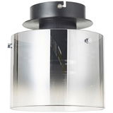 Moderne Deckenleuchte mit zylindrischem, transparentem Schirm und schwarzer Halterung, seitliche Perspektive