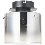 Moderne Deckenleuchte mit zylindrischem, transparentem Schirm und schwarzer Halterung, seitliche Perspektive