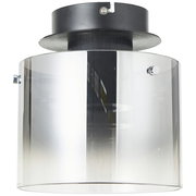 Moderne Deckenleuchte mit zylindrischem, transparentem Schirm und schwarzer Halterung, seitliche Perspektive