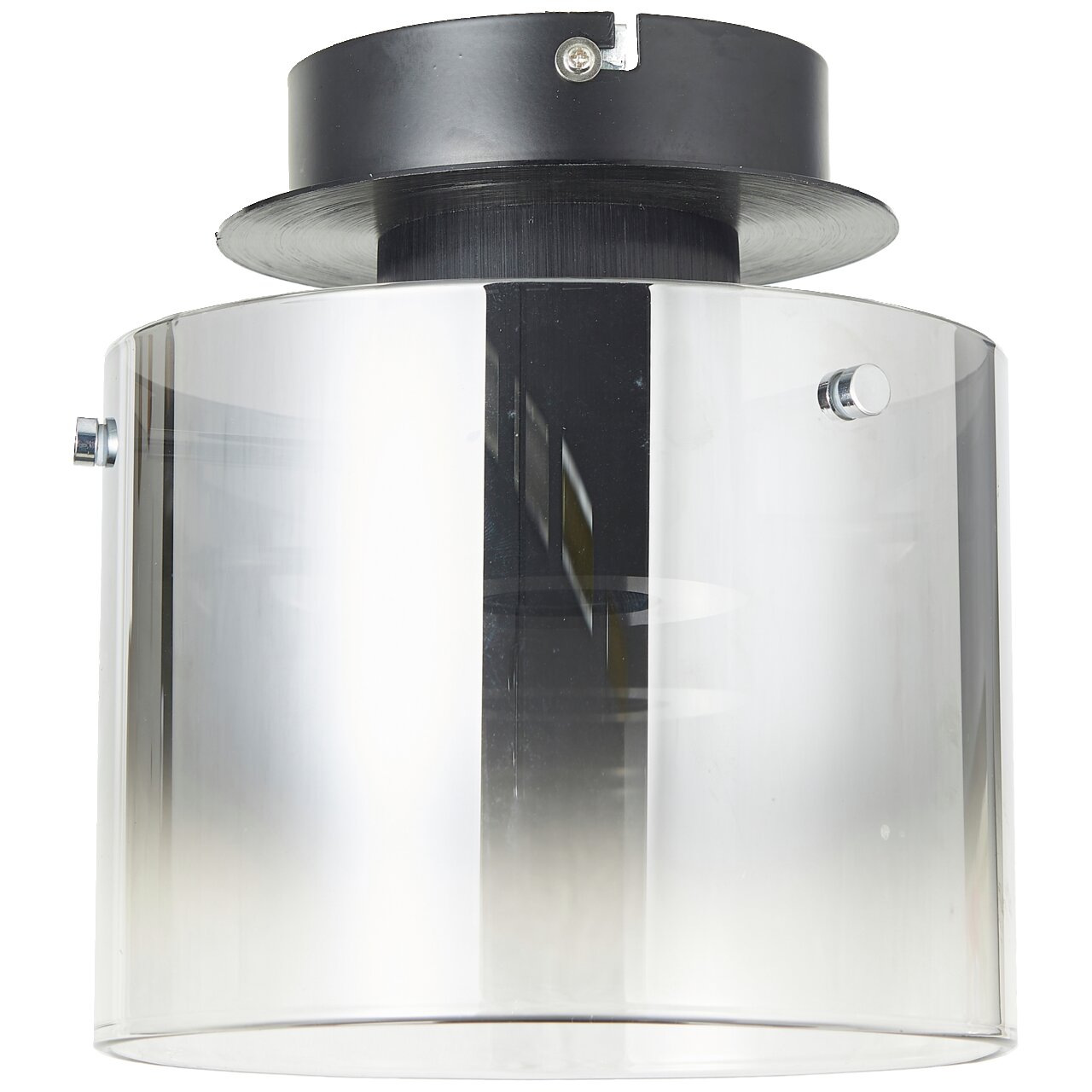 Moderne Deckenleuchte mit zylindrischem, transparentem Schirm und schwarzer Halterung, seitliche Perspektive