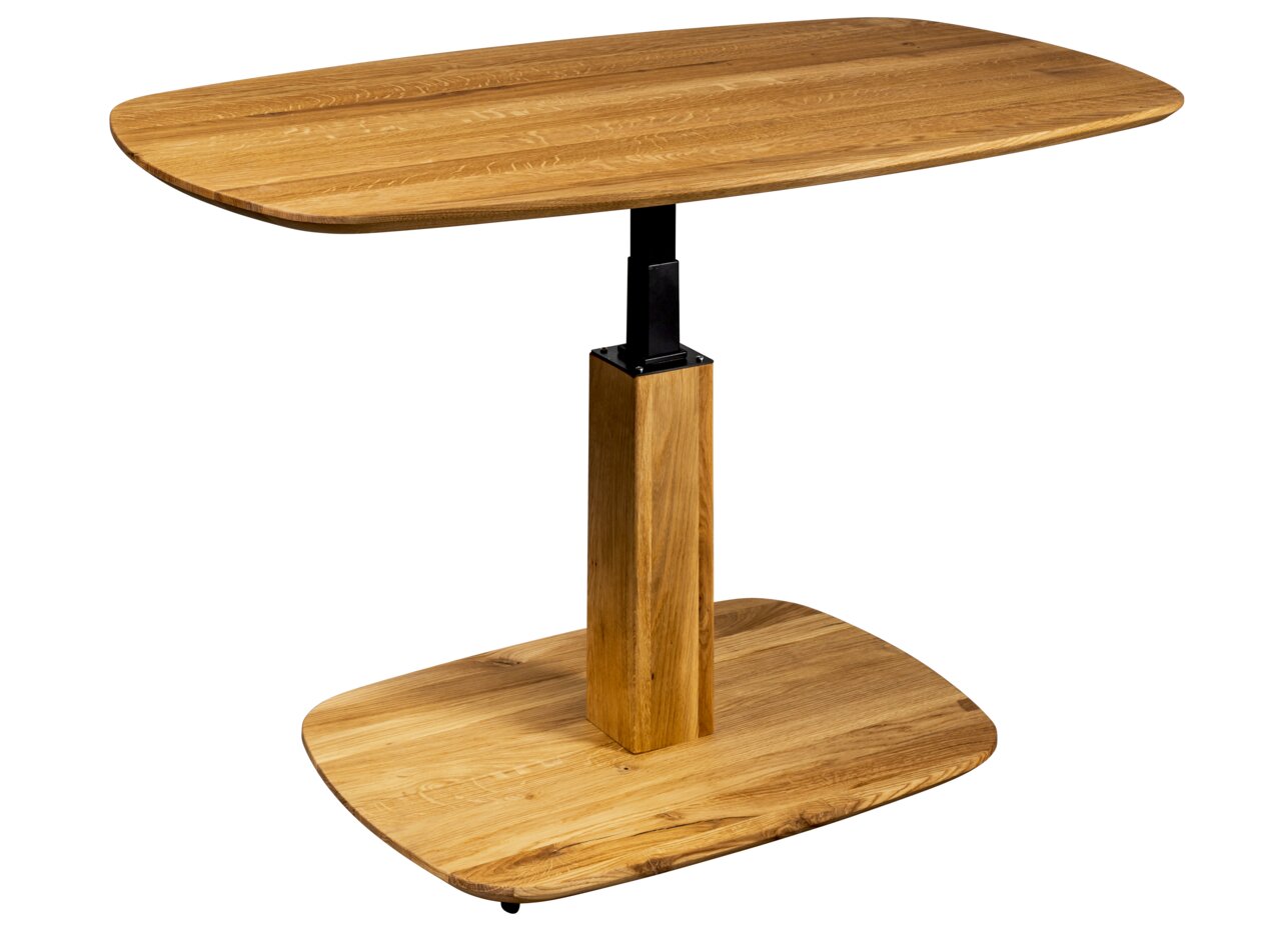 Moderner Couchtisch aus Holz mit verstellbarer Höhe, seitliche Perspektive