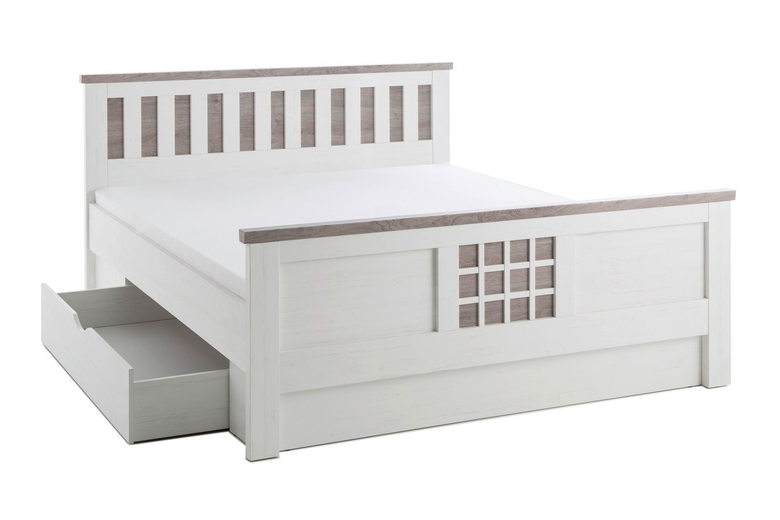 Weißes Bett mit grauen Akzenten und einem offenen Schubkasten, seitliche Perspektive