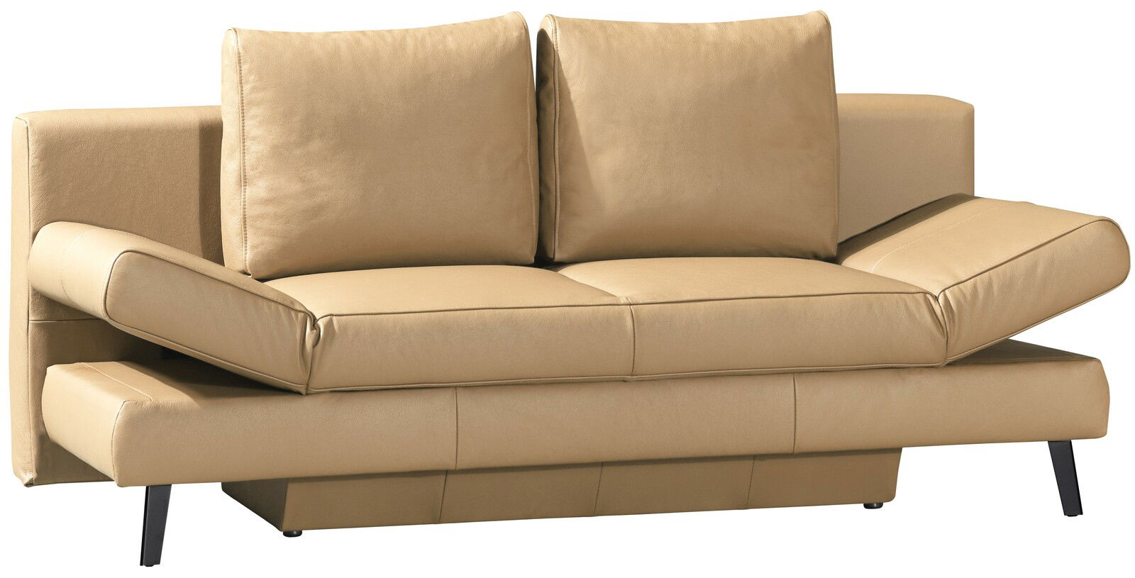 Beiges Schlafsofa mit verstellbaren Armlehnen, frontal betrachtet.