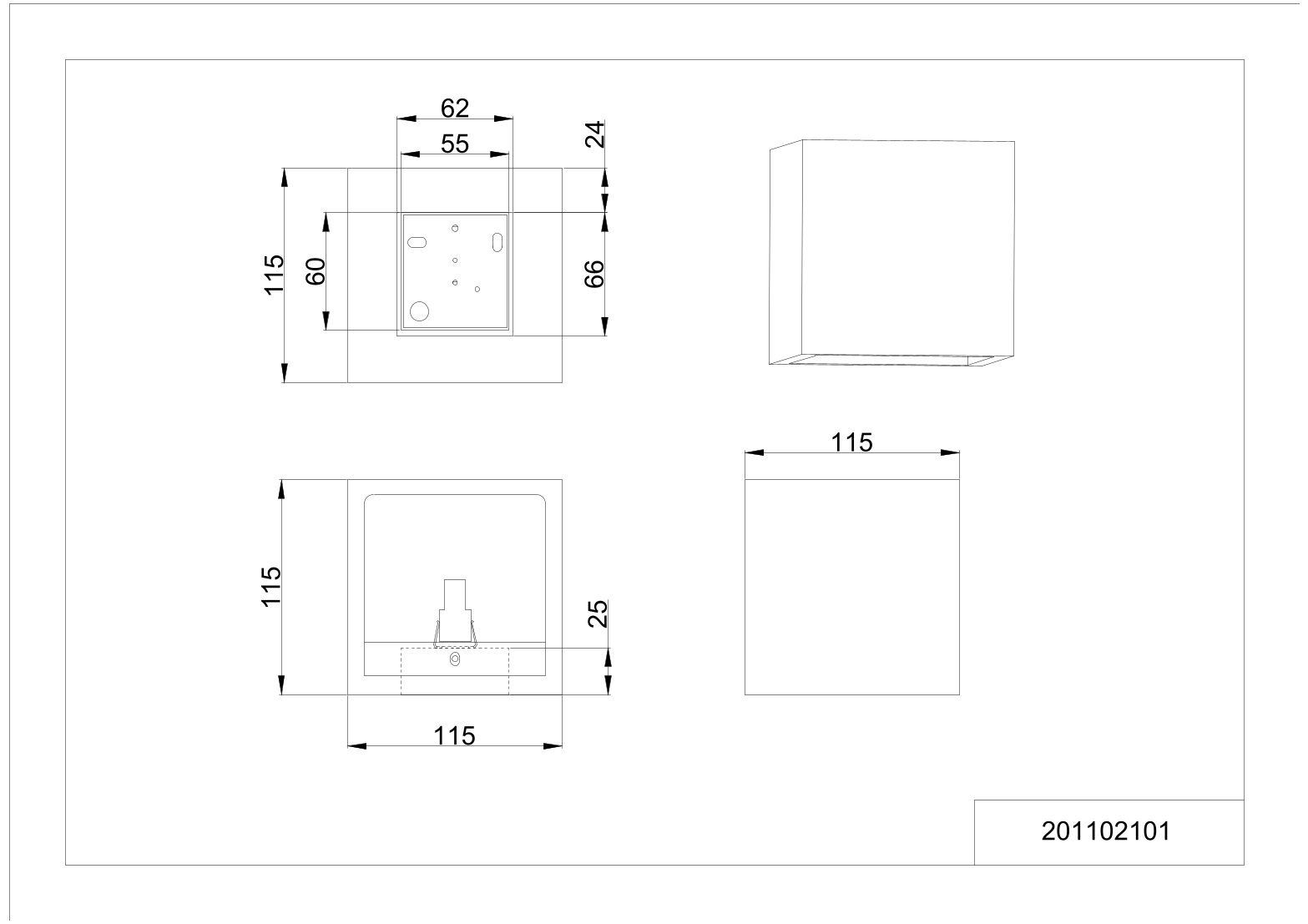Technische Zeichnung einer quadratischen Wandleuchte mit Abmessungen 115 x 115 mm und Detailmaßen, gezeigt in Vorderansicht, Seitenansicht und isometrischer Perspektive.