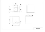 Technische Zeichnung einer quadratischen Wandleuchte mit Abmessungen 115 x 115 mm und Detailmaßen, gezeigt in Vorderansicht, Seitenansicht und isometrischer Perspektive.