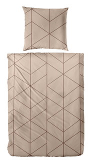 Beige Bettwäsche-Set mit geometrischem Linienmuster in Braun, bestehend aus Bettbezug und Kissenbezug, Draufsicht von oben