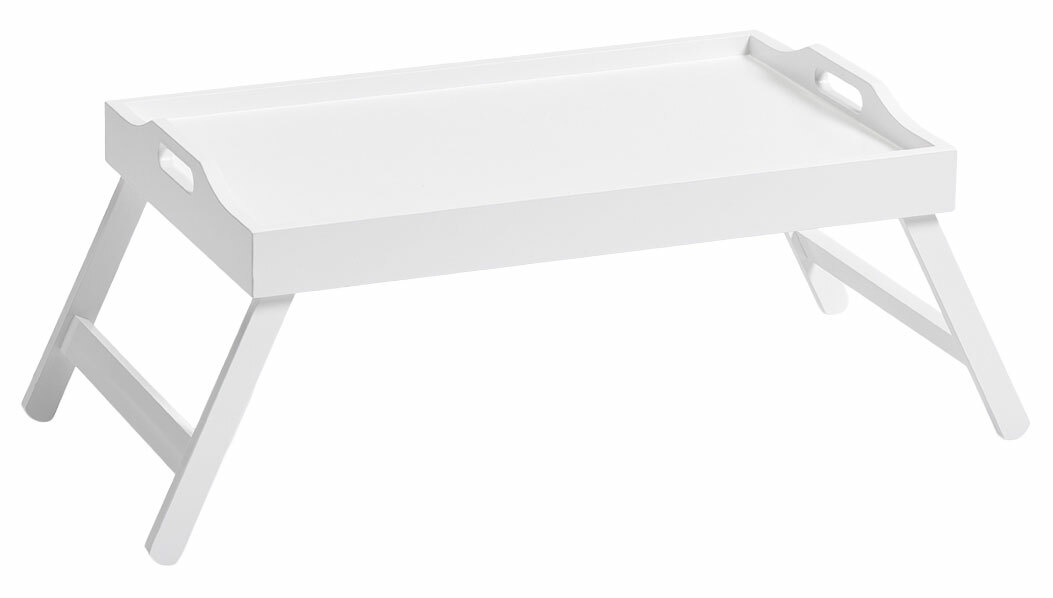 Weißes Betttablett mit klappbaren Beinen, seitliche Griffe, seitliche Perspektive