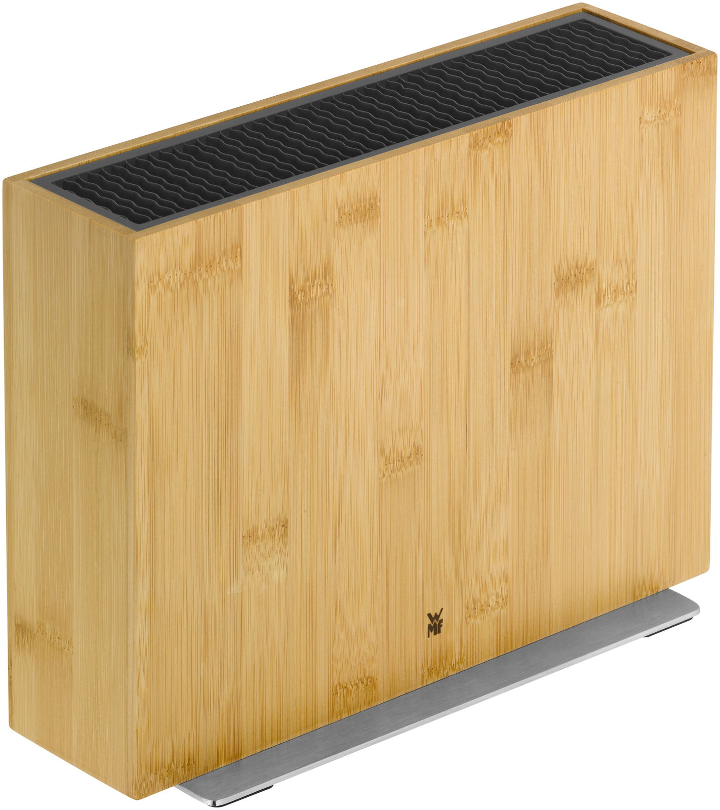 Bambus Messerblock unbestückt, seitliche Perspektive, mit schwarzem Einsatz und Metallfuß
