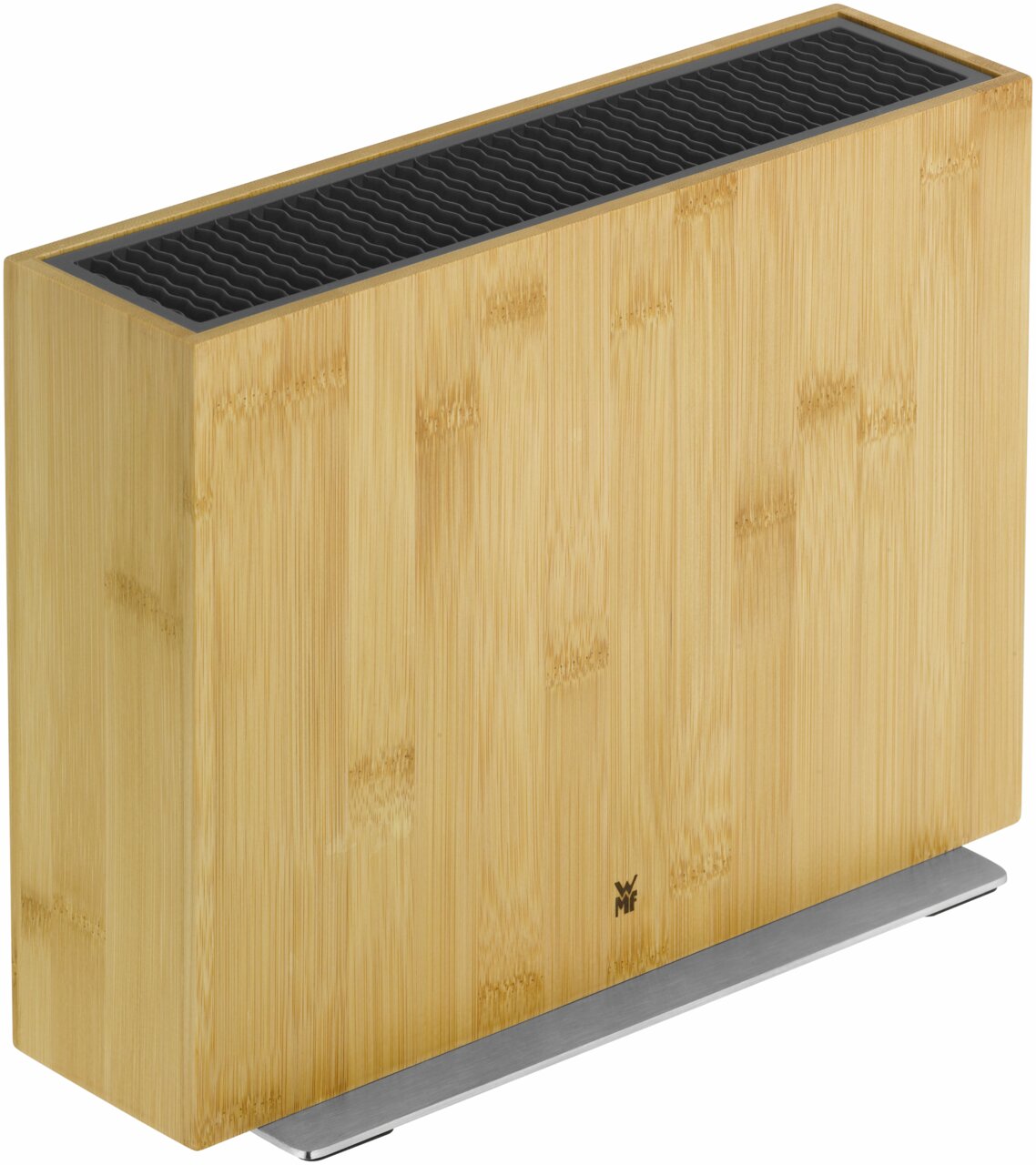 Bambus Messerblock unbestückt, seitliche Perspektive, mit schwarzem Einsatz und Metallfuß