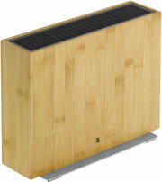 Bambus Messerblock unbestückt, seitliche Perspektive, mit schwarzem Einsatz und Metallfuß