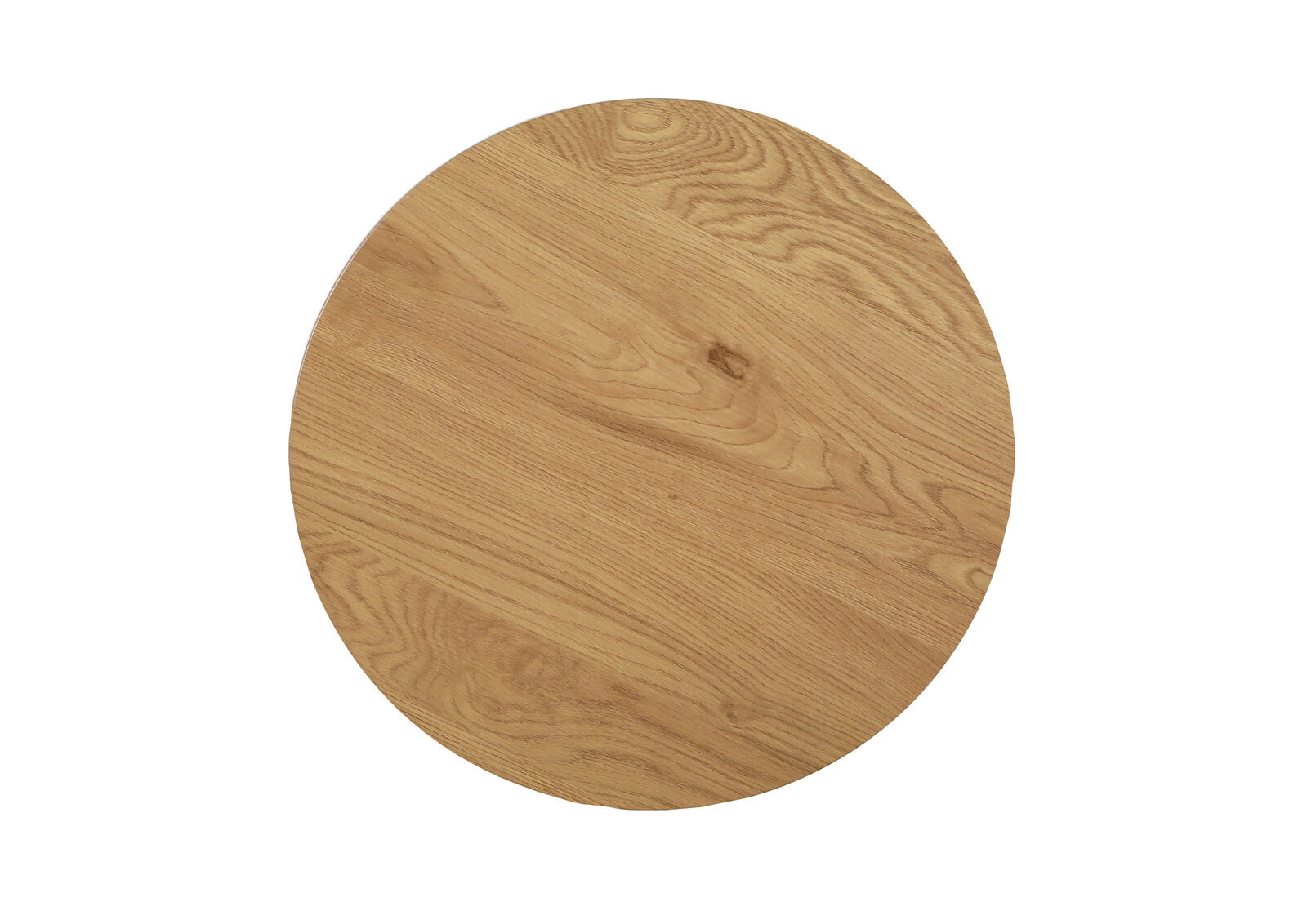 Runde Tischplatte aus hellem Eichenholz mit sichtbarer Maserung, Draufsicht von oben auf weißem Hintergrund