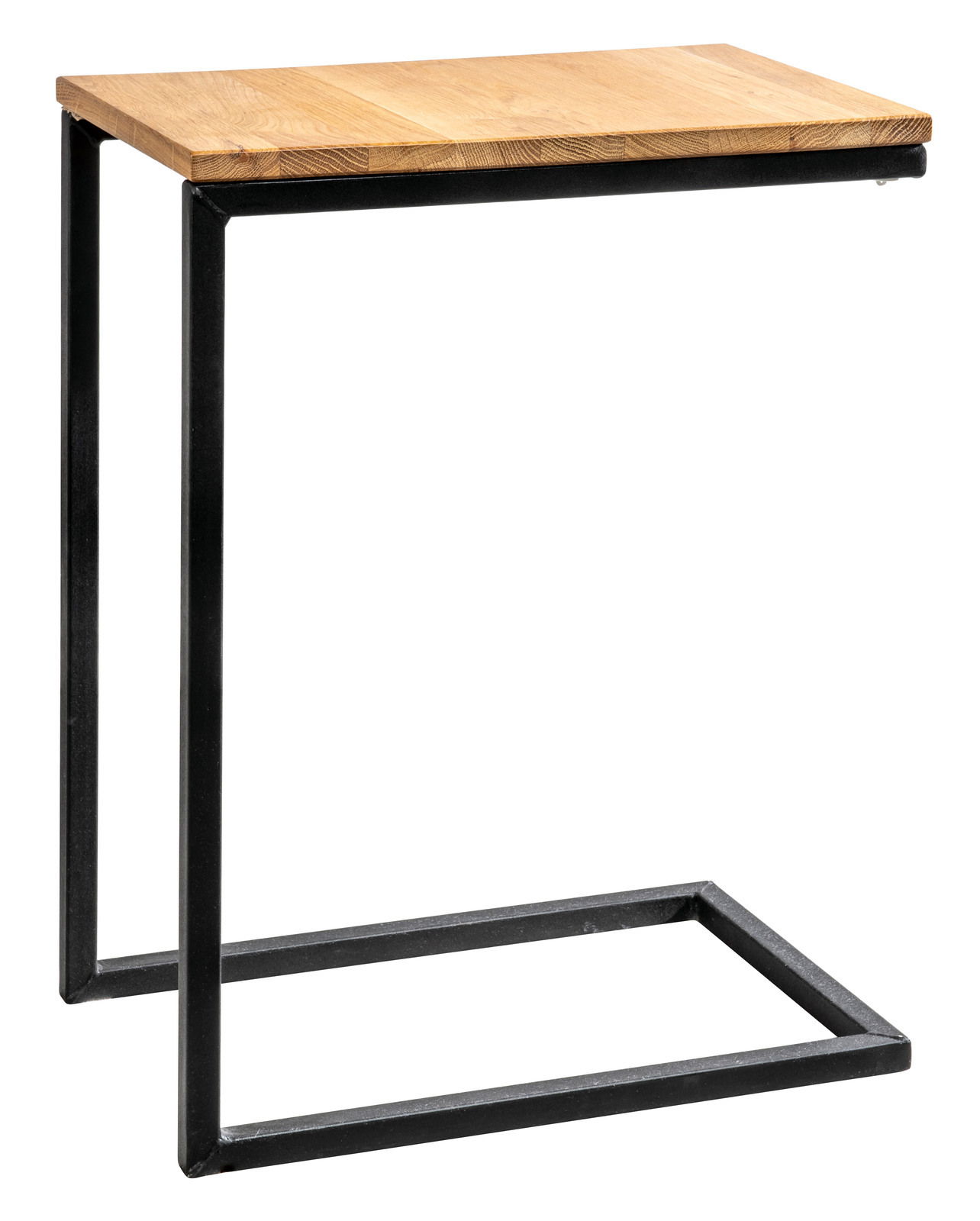 Moderner Beistelltisch mit Holzplatte und schwarzem Metallgestell, seitliche Perspektive