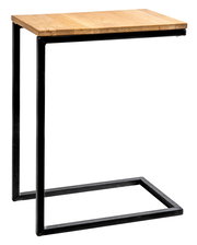 Moderner Beistelltisch mit Holzplatte und schwarzem Metallgestell, seitliche Perspektive