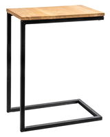 Moderner Beistelltisch mit Holzplatte und schwarzem Metallgestell, seitliche Perspektive