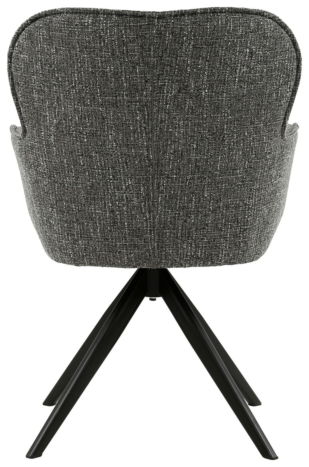 Rückansicht eines grauen Armlehnstuhls mit schwarzem Metallgestell, Modell BOUNTY.