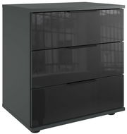 Moderne Nachtkommode mit drei Schubladen in dunklem Hochglanz, seitliche Perspektive