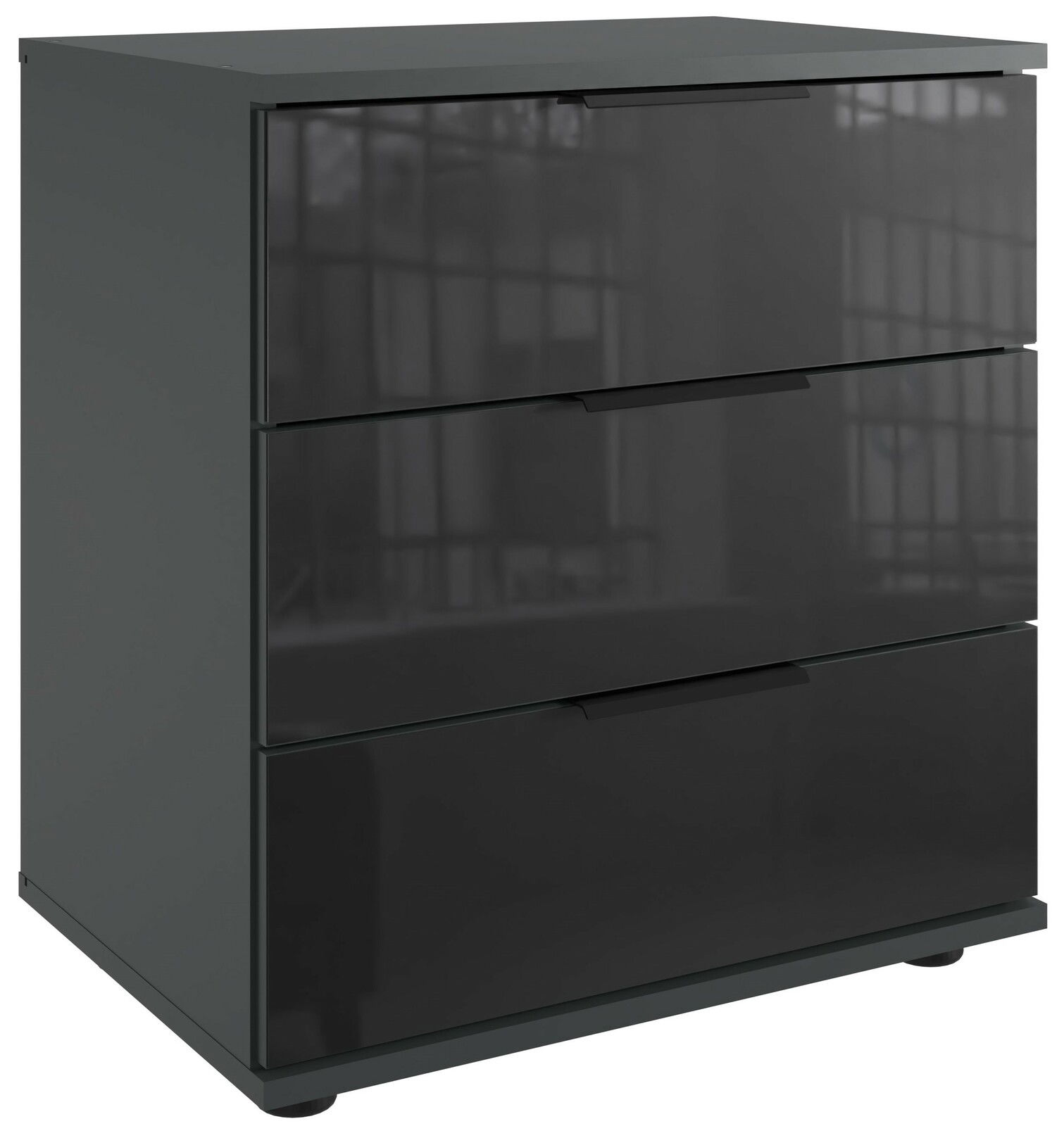 Moderne Nachtkommode mit drei Schubladen in dunklem Hochglanz, seitliche Perspektive