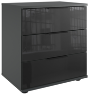 Moderne Nachtkommode mit drei Schubladen in dunklem Hochglanz, seitliche Perspektive