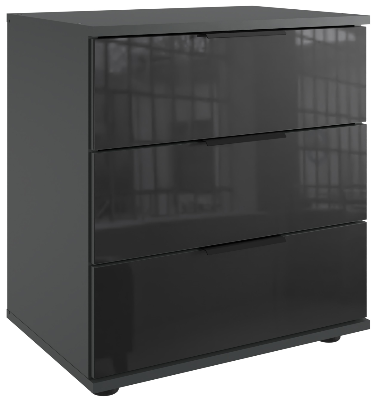 Moderne Nachtkommode mit drei Schubladen in dunklem Hochglanz, seitliche Perspektive