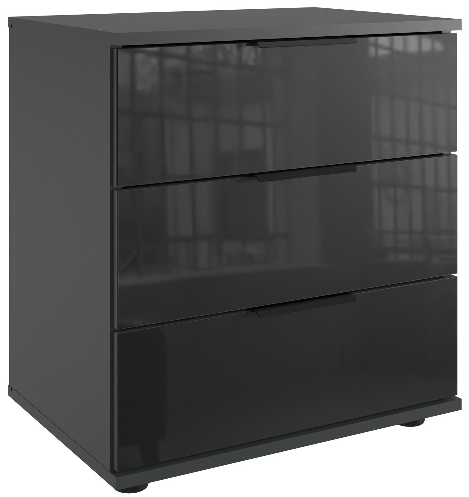 Z2 Nachtkommode SAIGON Moderne Nachtkommode mit drei Schubladen in dunklem Hochglanz, seitliche Perspektive