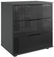 Moderne Nachtkommode mit drei Schubladen in dunklem Hochglanz, seitliche Perspektive