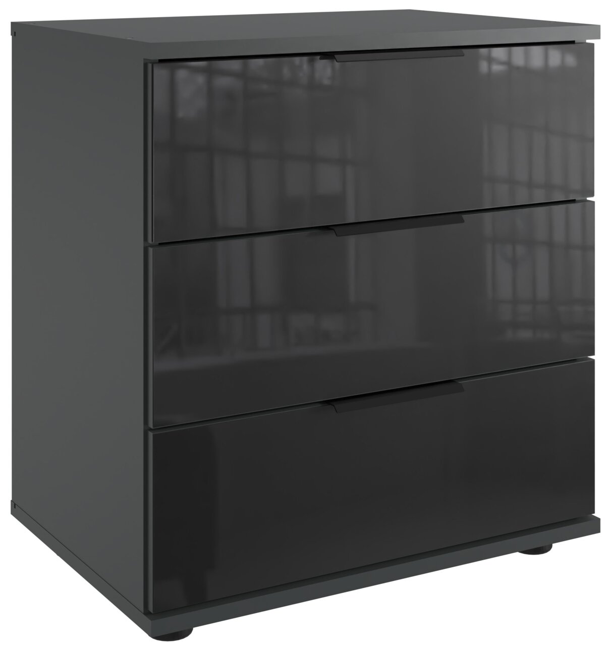 Moderne Nachtkommode mit drei Schubladen in dunklem Hochglanz, seitliche Perspektive