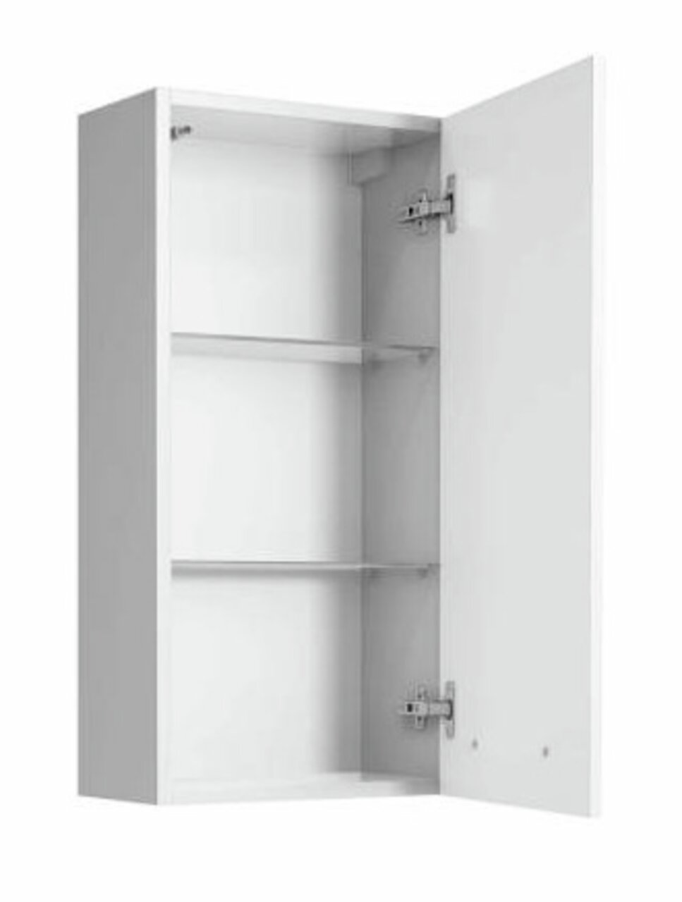 Weißer Wandschrank mit geöffneter Tür, zwei Einlegeböden und Scharnieren, Perspektive von vorne links