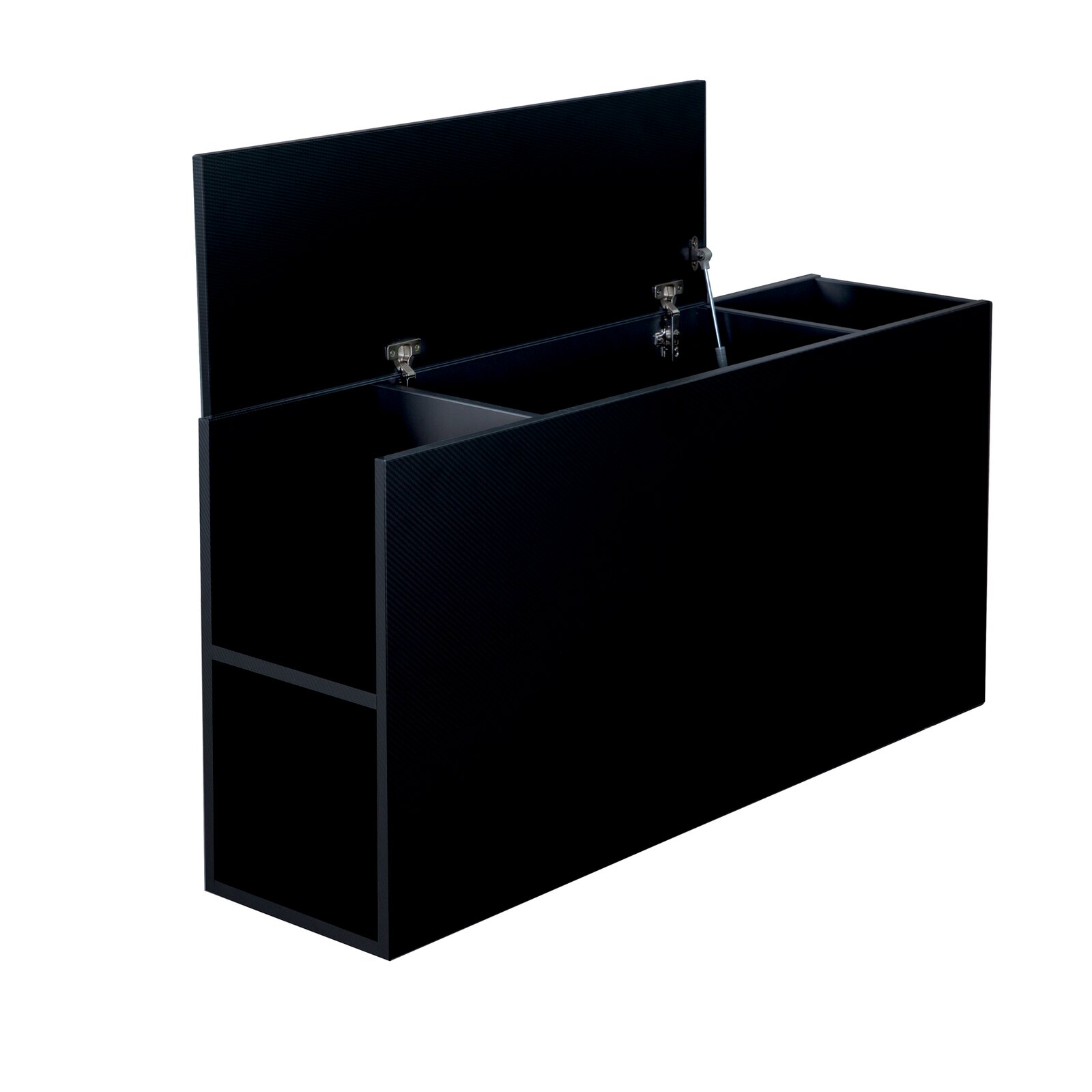 Schwarzes Kopfteil für Stauraumbett mit offenen Fächern und Klappmechanismus, seitliche Perspektive