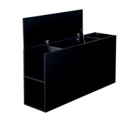 Schwarzes Kopfteil für Stauraumbett mit offenen Fächern und Klappmechanismus, seitliche Perspektive