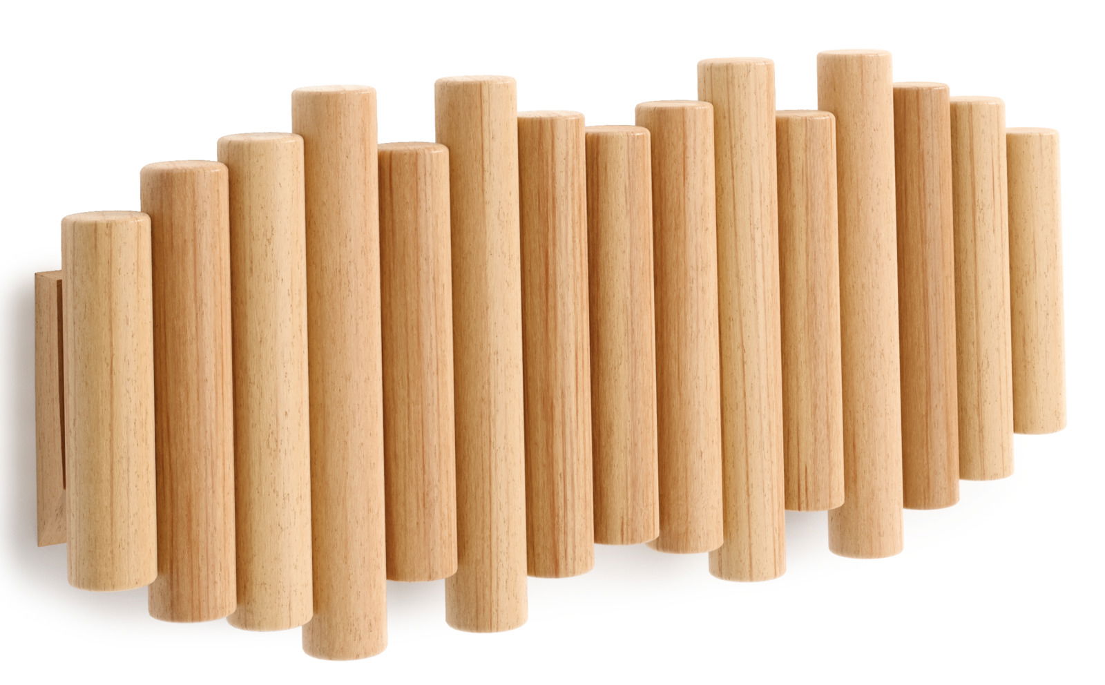 Wandgarderobe aus Holz mit zylindrischen Stäben, seitliche Perspektive