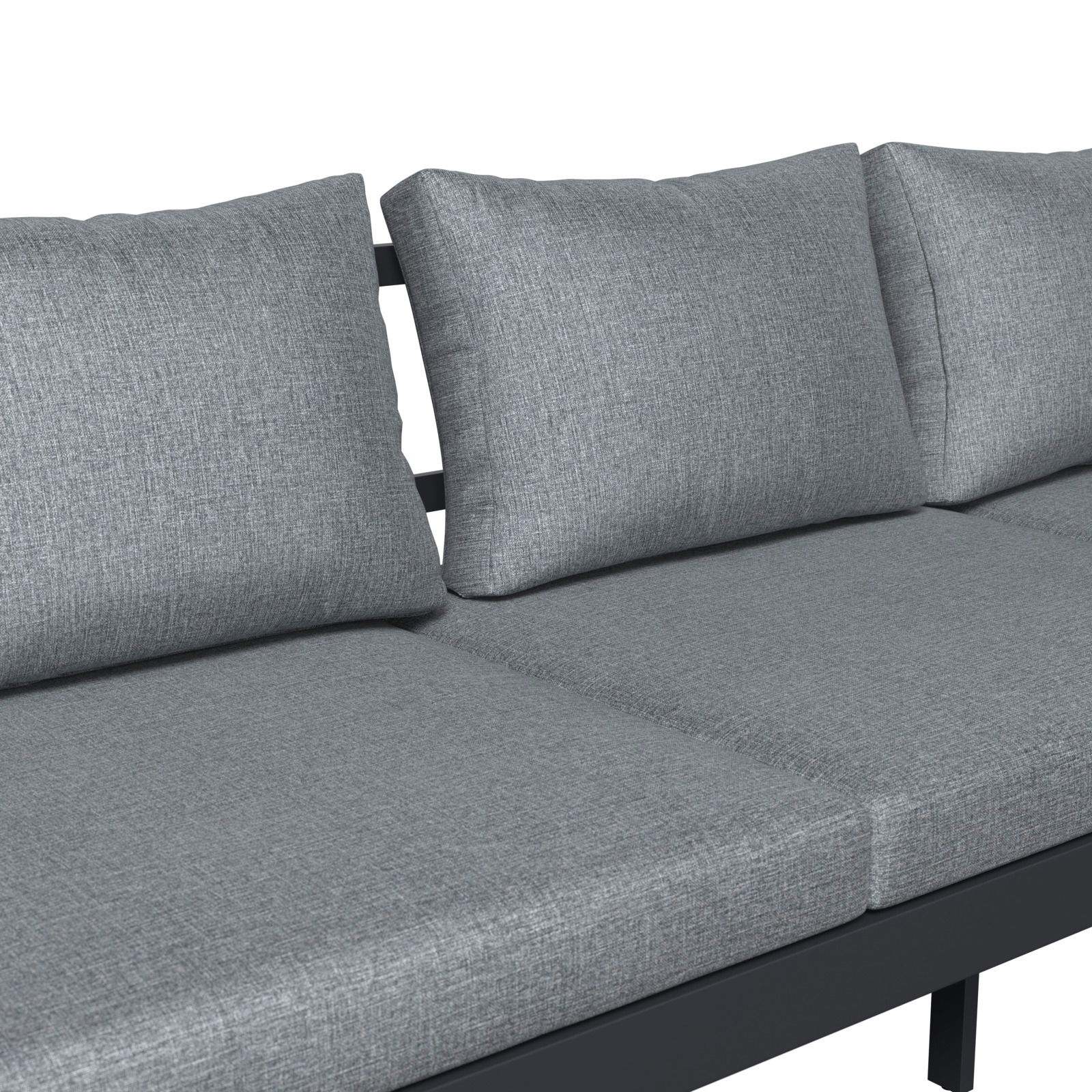Graues Lounge-Sofa mit drei Kissen, seitliche Perspektive
