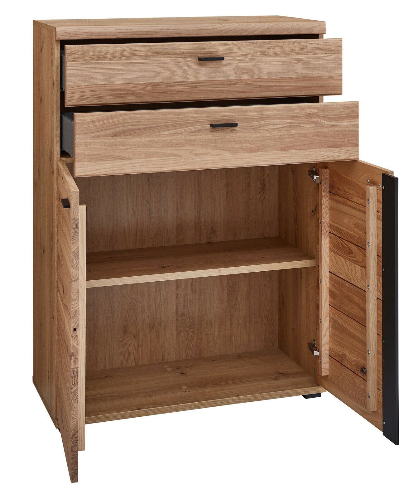 Holz-Kombischrank mit zwei offenen Schubladen und zwei offenen Türen, Frontansicht