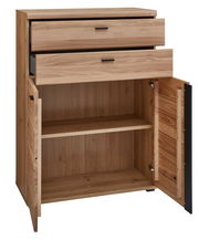 Holz-Kombischrank mit zwei offenen Schubladen und zwei offenen Türen, Frontansicht