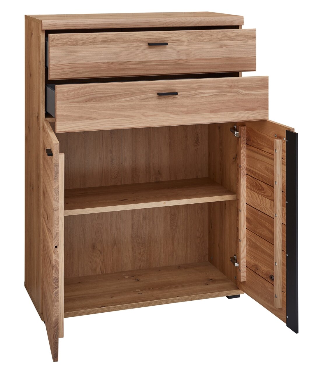 Houten combikast met twee open lades en twee open deuren, vooraanzicht